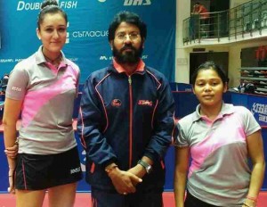 Olympian Monika Batra Left and Mouma Das With Coach Of Team India Mr Ravichandran.